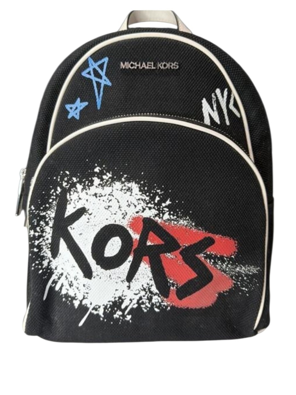 Michael Kors Black Backpack with Red, White & Blue Graffiti